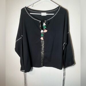 FLANNEL America Boho Tasseled Embroidered Peasant‎ Blouse Size S/M